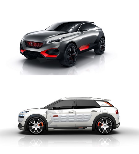 프랑스의 대표 완성차 업체인 푸조와 시트로엥은 이번 2014 파리국제모터쇼에서 혁신적인 디자인과 향상된 퍼포먼스를 자랑하는 프리미엄 콘셉트카를 공개한다. 푸조 콘셉트카 쿼츠(위쪽), 시트로엥 C4 칵투스 에어플로우 2L / 한불모터스 제공