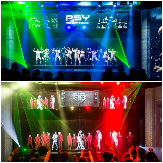 지난 23일 서울 중구 동대문에 위치한 롯데피트인 홀로그램 공연장에서 열린 케이라이브(Klive) 론칭 행사에서 가수 싸이(위쪽)와 그룹 빅뱅이 홀로그램을 통해 공연하고 있다./사진=이음N&C 제공