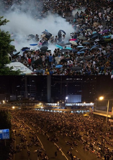 홍콩 시민들이 경찰의 최루탄과 곤봉을 우산으로 막으며 격렬하게 시위하고 있다. 늦은 밤 시민들이 거리를 점거한 채 중국정부의 홍콩 행정장관 직선제 개입 반대에 나섰다. /트위터 캡처
