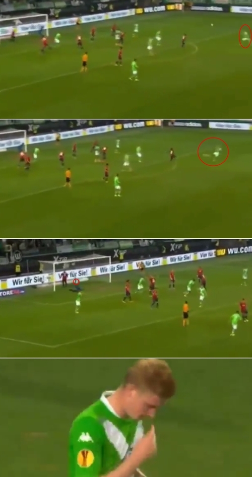 케빈 데 브루잉이 2일 유럽축구연맹 유로파리그 LOSC 릴과 홈 경기에서 중거리 슈팅을 넣은 뒤 기뻐하고 있다. / 유튜브 영상 캡처