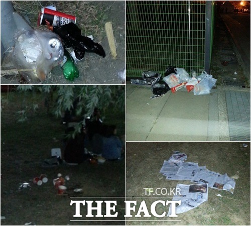 일부 시민들이 쓰레기를 그대로 방치놔 거리에는 컵라면, 비닐봉지, 술병 등이 뒹굴어 지나가는 시민들의 눈살을 찌푸리게 했다.