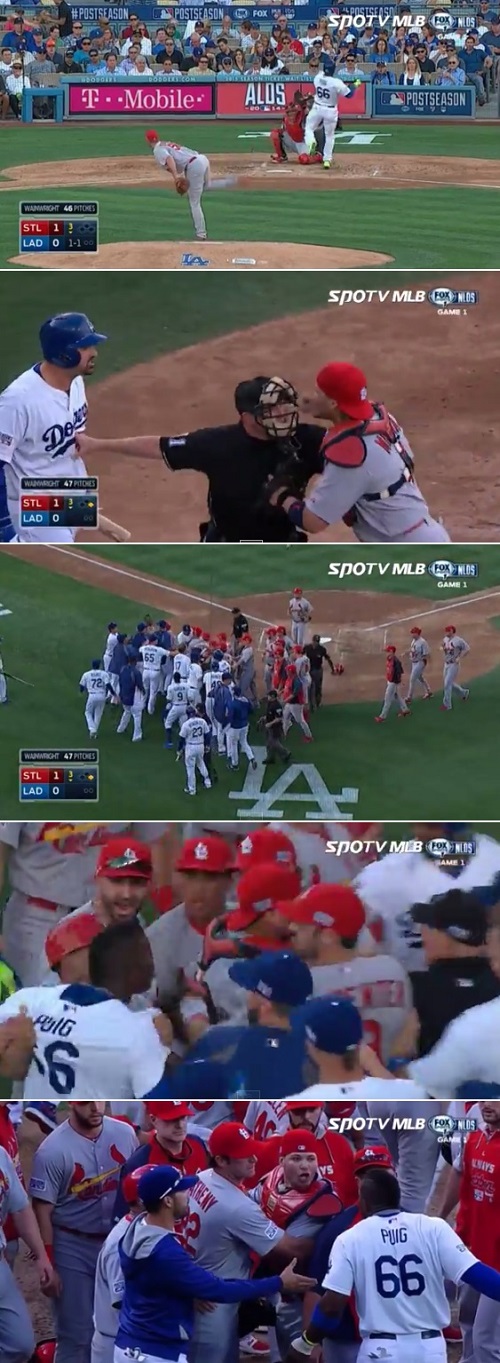 곤살레스와 푸이그가 주축이된 다저스가 4일 다저스타디움에서 열린 2014시즌 메이저리그 내셔널리그 디비전시리즈 1차전에서 세인트루이스와 벤치클리어링을 하고 있다. / SPOTV 영상 캡처
