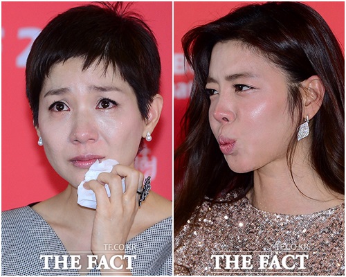 화장 기자회견에서 뜨거운 눈물을 흘린 김호정(왼쪽)과 김규리./부산=김슬기 기자