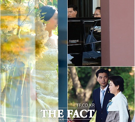 이명박(오른쪽 위) 전 대통령과 김윤옥(오른쪽 아래) 여사의 외아들이자 막내인 시형 씨가 9일 낮 12시 의사 집안의 딸로 알려진 손모(왼쪽) 씨와 서울신라호텔에서 웨딩 마치를 울렸다./서울신라호텔=이새롬·배정한 기자