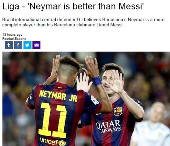 유럽 스포츠매체 유로스포트가 10일 지우베르투 실바가 리오넬 메시보다 네이마르 다 실바의 기량이 더 뛰어나다며 높이 평가했다고 보도했다. / 유로스포트 캡처