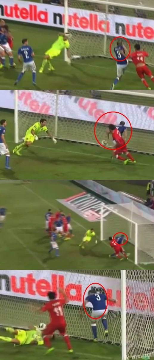 이탈리아 대표팀 지오르지오 키엘리니가 11일 아제르바이잔과 홈 경기에서 후반 32분 자책골을 넣은 뒤 아쉬워하고 있다. / 유튜브 영상 캡처