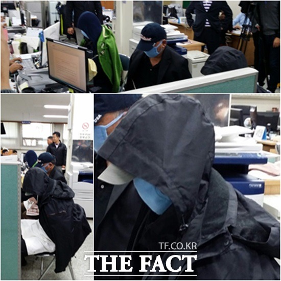 살해를 지시한 S건설업체 사장 이모 씨와 연결책인 또 다른 이모 씨, 그리고 살인을 한 조선족 김모 씨가 차례대로 앉아 조사에 임하고 있다. 김 씨는 미안하다는 말을 반복했다. (맨위 왼쪽부터)/강서 경찰서=김아름 기자