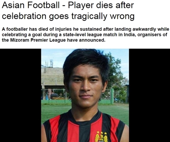 인도의 한 축구 선수가 지난 14일 골 세리머니를 하다 머리를 다쳐 사망했다. / 유로스포트 홈페이지 캡처
