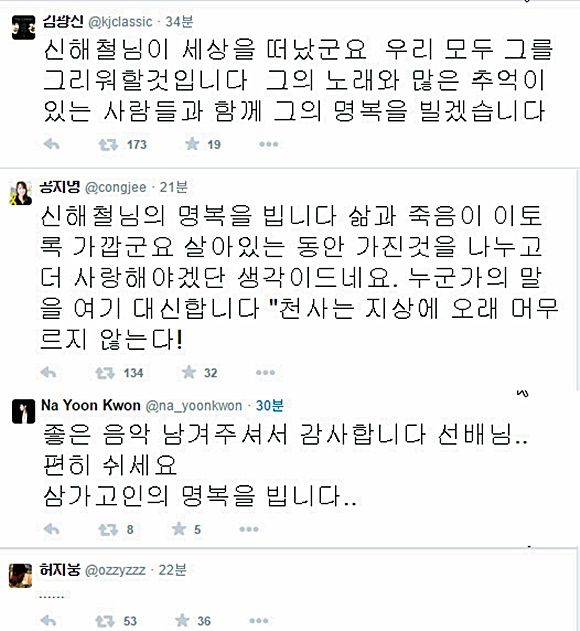 가수 신해철의 사망 소식에 연예계 동료들이 비통한 마음을 감추지 못하고 있다. /김광진, 공지영, 나윤권, 허지웅 트위터 캡처