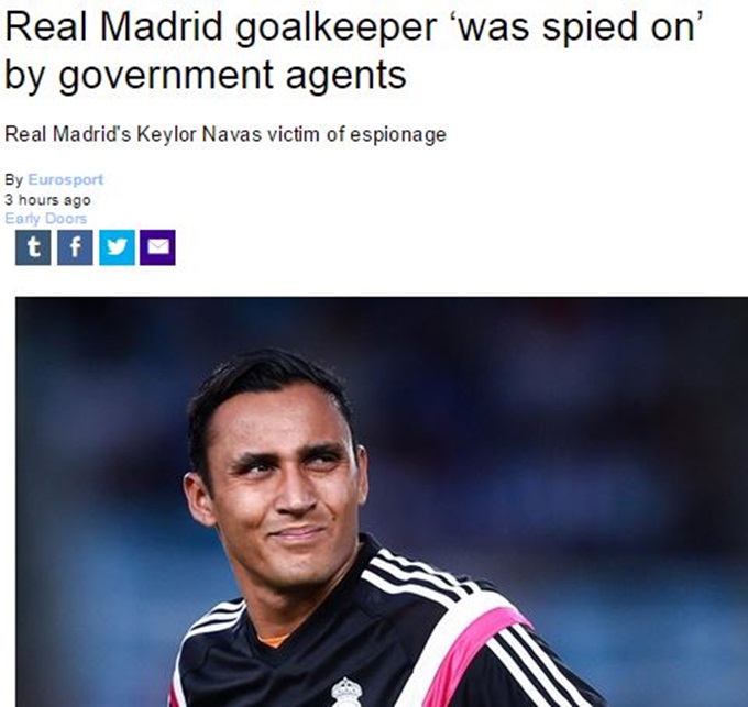 유럽 스포츠매체 유로스포트가 31일 케일러 나바스가 코스타리카 정부 요원으로부터 감시를 받고 있다고 보도했다. / 유로스포트 캡처