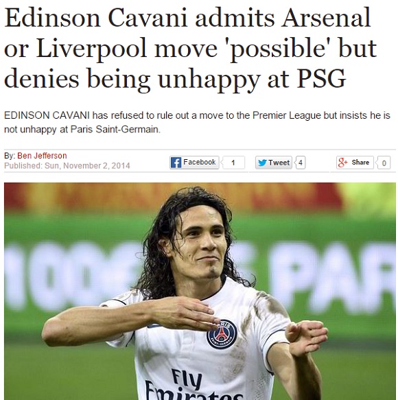 카바니의 이적 가능성에 대해 영국 선데이익스프레스가 3일 보도했다. / 선데이익스프레스 홈페이지 캡처