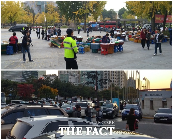 의경이 암표상을 단속하고 있는 잠실구장(위)과 목동구장에서 은밀하게 야구 팬에게 접근하는 암표상. / 잠실구장, 목동구장 = 이현용 기자