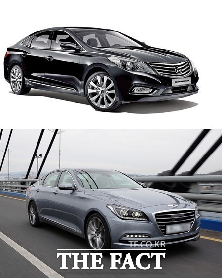 현대차의 대형 세단 그랜저(위쪽)와 제네시스는 지난달 두자릿수 이상의 판매 증가율을 기록하며 현대차의 내수점유율 증가를 견인했다.