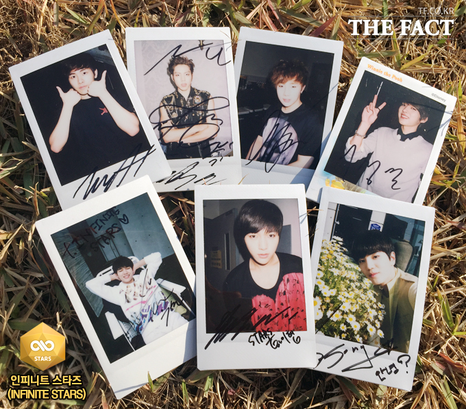 인피니트 호야 동우 성규 성열 성종 엘 우현(왼쪽 위부터 시계방향으로)이 인피니트 스타즈 애용자를 위해 폴라로이드 사진을 선물했다. /더팩트DB