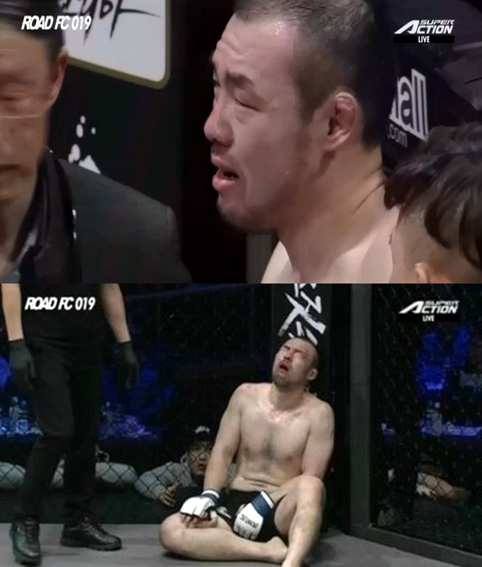 로드FC 이둘희, 후쿠다와의 경기에서 낭심을 2번 가격당한 후 병원으로 이송됐다./로드FC 방송화면 캡처