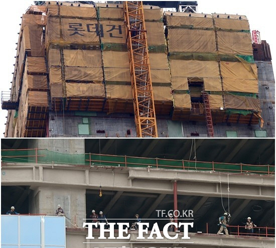 지난해 6월25일 제2롯데월드 공사 현장 43층 외벽에 설치된 자동상승 거푸집 장비가 무너져 내리는 사고가 발생했다./더팩트DB