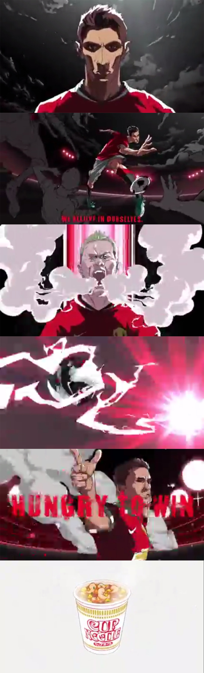 잉글리시 프리미어리그 맨체스터 유나이티드를 후원하고 있는 일본 기업 니신이 제작한 컵라면 광고에서 로빈 판 페르시, 웨인 루니, 앙헬 디마리아 등 선수들이 애니메이션화 돼 출연했다. / 유튜브 캡처