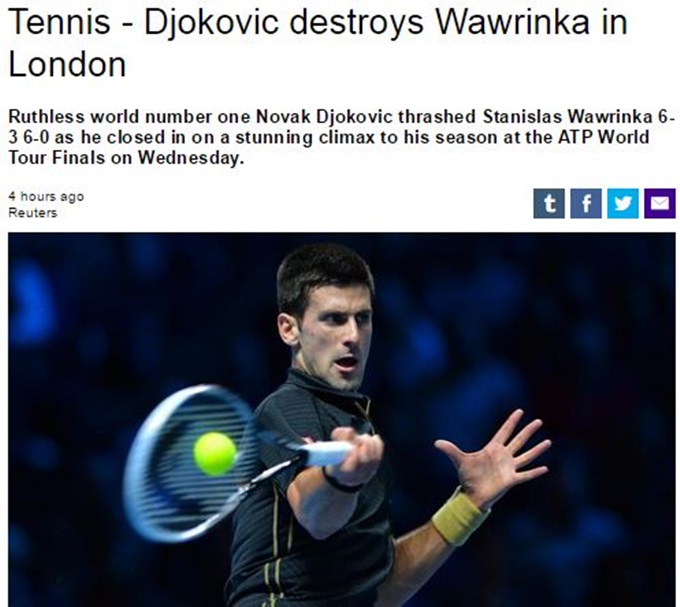 노바크 조코비치가 16일 영국 런던에서 열린 바클레이스 남자프로테니스 월드 투어 파이널스 단식 결승에서 페더러의 기권으로 따라 3연속 우승을 차지했다. / 유로스포트 캡처