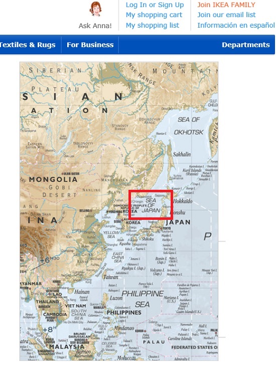 가구 공룡 이케아가 장식용 벽걸이 제품과 전세계 사업 현황을 소개한 영문판 자료에 동해가 아닌 SEA OF JAPAN(일본해)으로 표기해 국민들의 질타를 받고 있는 가운데 코레일은 오는 19일 예정된 서울역 팝업스토어 헤이 홈(HejHOME!)를 취소하라고 통보했다. /이케아 홈페이지 캡처