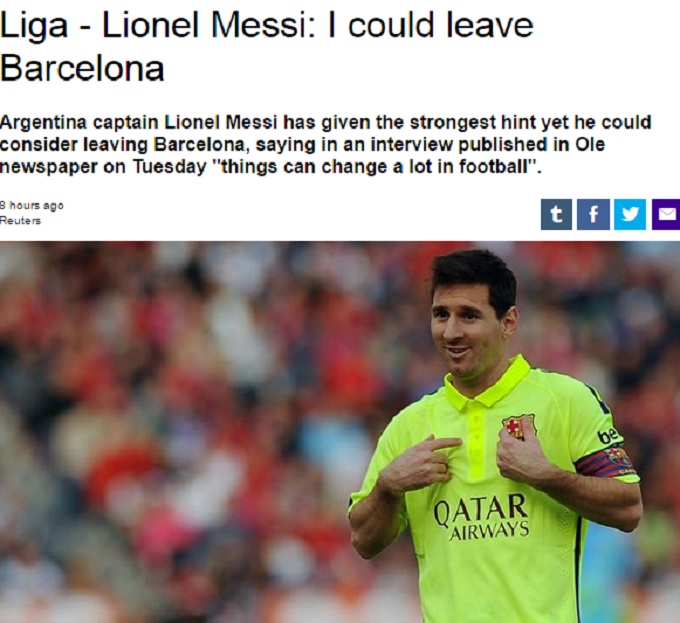 메시가 19일 자신이 바르셀로나를 떠날 수도 있다고 밝혔다. / 유로스포트 홈페이지 캡처