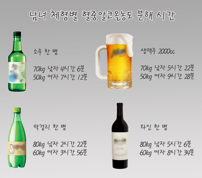 경찰교육원이 분석한 혈중알코올농도 분해 시간을 보면 성별과 몸무게에 따라 술 깨는 시간이 크게 다르다./그래픽=고수정 기자