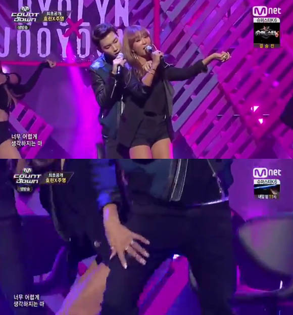 효린 주영 지워가 공개돼 아찔한 무대 연출로 눈길을 끌고 있다. / Mnet 엠카운트다운 방송 화면 캡처