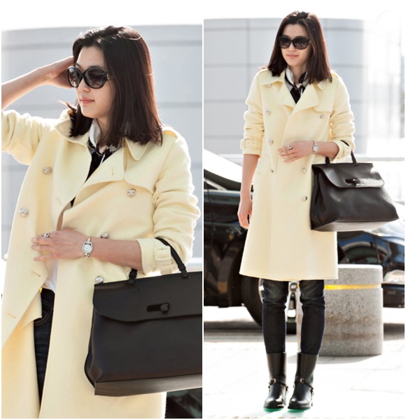 노란색 코트로 상큼한 공항 패션을 연출한 전지현./구찌 제공