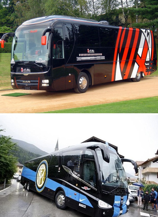 스포츠전문매체 유로스포트가 21일 전 세계 최고 축구 팀 버스 6대를 선정한 가운데 이탈리아 세리에 A를 대표하는 두 구단 AC 밀란(위)과 인테르 밀란이 선정됐다. / 유로스포트 캡처