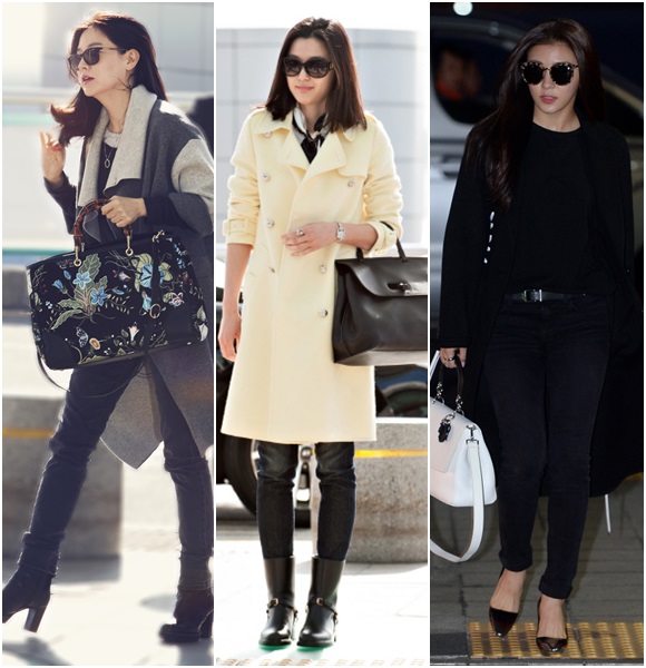 롱 코트를 기본으로 나름의 아이템으로 멋을 낸 이영애 전지현 하지원(왼쪽부터)./크리스챤 디올 구찌 디마코 제공