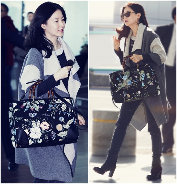 회색 톤의 코트를 입은 이영애는 화려한 느낌의 가방으로 포인트를 줬다./사진: 이영학, 자료 제공 : 디마코