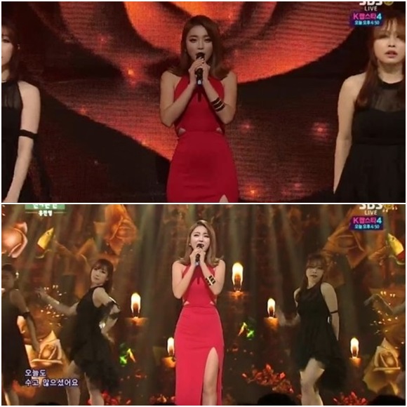 가수 홍진영이 붉은색 드레스를 입고 완벽한 S라인 몸매를 뽐내 눈길을 끈다./SBS 화면캡처