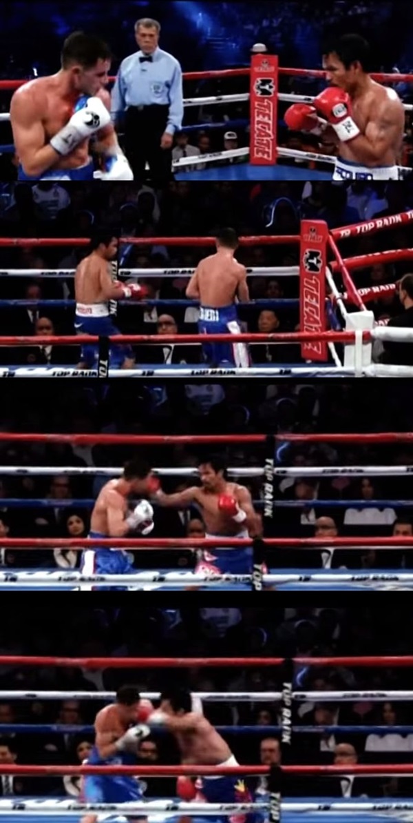 매니 파퀴아오가 지난 23일 마카오 베네치안리조트 코타이 아레나 특설 링에서 열린 WBO 웰터급 타이틀매치에서 크리스 알지에리를 상대로 강력한 펀치를 날리며 판정승으로 이끌었다. / 유튜브 영상 캡처