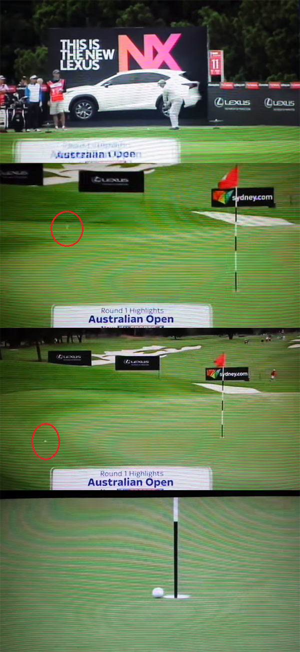 스콧 가디너가 28일 시드니의 호주 골프클럽에서 열린 에미레이츠 호주오픈 1라운드 11번 홀에서 기상천외한 홀인원을 기록했다. / 유튜브 캡처