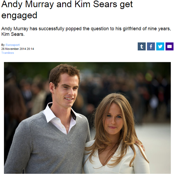 유로스포트는 28일 영국 테니스 황제 앤디 머레이가 9년간 만나온 킴 시어스와 약혼했다고 밝혔다. / 유로스포트 캡처