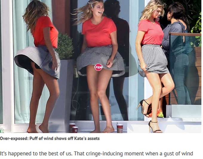 미국 로스엔젤레스 사진촬영 현장에서 바람이 케이트 업튼의 치마를 들어올리자 티팬티를 걸친 케이트의 엉덩이가 노출됐다. /mirror 캡처