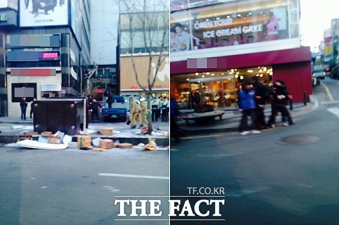 2일 오전 7시 30분께 강남구청 직원으로 추정되는 사람들이 강남역 11번 출구 앞에 있는 노점상을 뒤엎었다. 이에 분노한 상인이 이들에게 달려들면서 몸싸움이 벌어졌다. /강남=성강현 기자