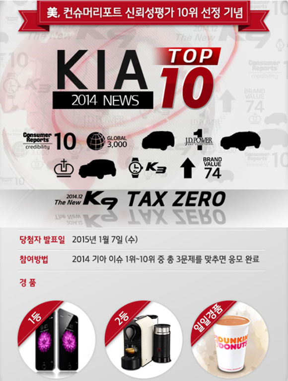 기아자동차가 기아 10대 뉴스 이벤트를 통해 다양한 선물을 제공할 예정이다. /기아자동차 홈페이지 갈무리