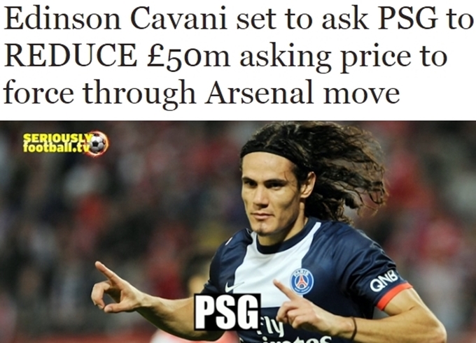 영국 데일리 익스프레스는 9일 에딘손 카바니가 아스널 이적을 위해 파리 생제르맹에 몸값 삭감을 요구했다고 보도했다. / 데일리 익스프레스 홈페이지 캡처