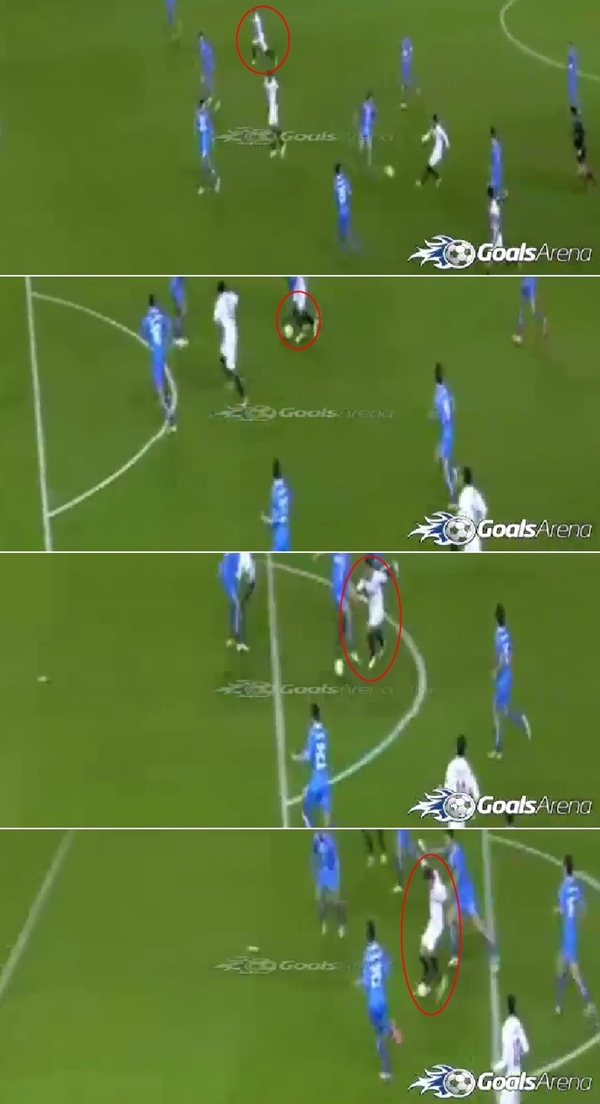 데니스 수아레스가 12일 2014~2015시즌 유럽축구연맹 유로파리그 HNK 리예카와 홈 경기에서 0-0으로 맞선 전반 20분 환상적인 개인기를 발휘한 뒤 슈팅을 터뜨리고 있다. / 유튜브 영상 캡처