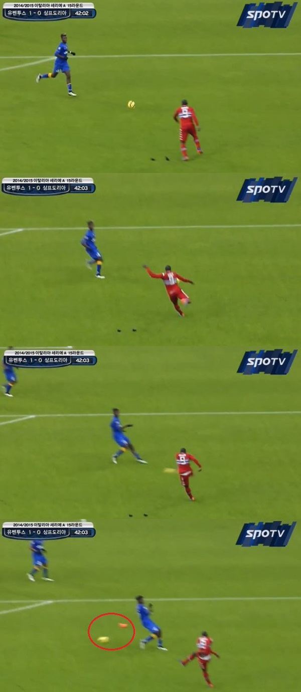 스테파노 오카카가 지난 14일 열린 2014~2015시즌 이탈리아 세리에 A 15라운드 유벤투스와 원정 경기에서 선발로 출장해 슈팅을 날리는 장면에서 축구화가 벗겨지는 장면이 포착돼 관심을 끌었다. / SPOTV 영상 캡처