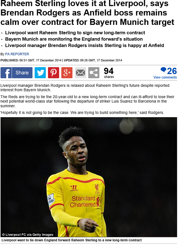 영국 매체 데일리메일은 18일 이적설이 나오고 있는 라힘 스텉링에 대한 브랜든 로저스 리버풀 감독의 반응을 보도했다. / 데일리메일 홈페이지