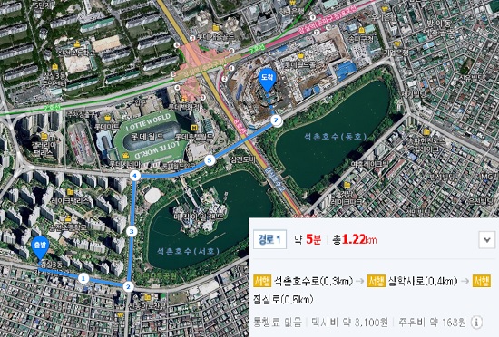 제2롯데월드와 서울병원(2.93km, 10분 이상)의 거리보다 송파소방서 잠실 119안전센터(1.22km, 3~5분)가 더욱 가까웠다. /네이버지도 캡처