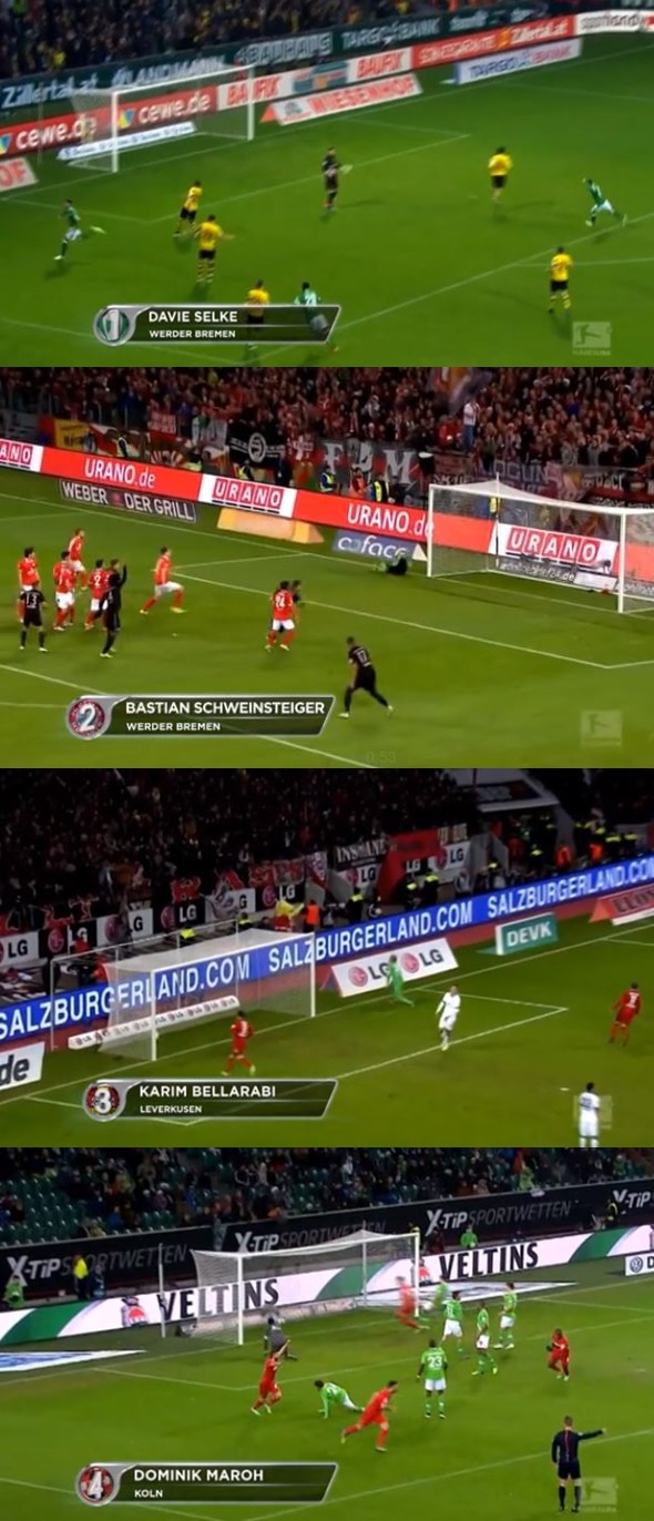 유럽 스포츠 매체 유로스포트가 22일 2014~2015시즌 독일 분데스리가 17라운드에서 나온 골 장면 가운데 1위부터 5위까지를 최고의 골로 선정했다. / 유로스포트 캡처