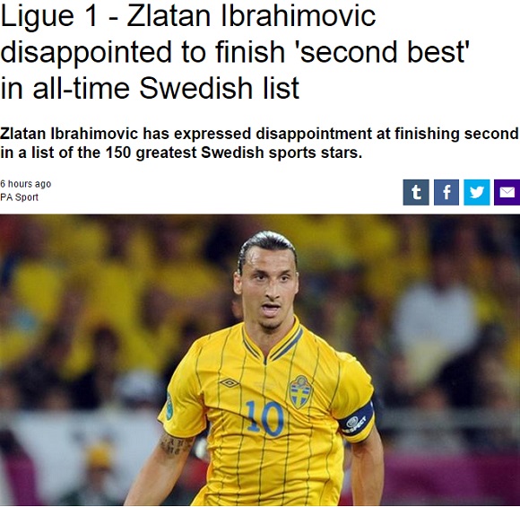 이브라히모비치가 자국 신문이 발표한 스웨덴 스포츠 스타 150명에서 2위에 오르고 만족하지 못했다고 24일 유로스포트가 보도했다. / 유로스포트 캡처