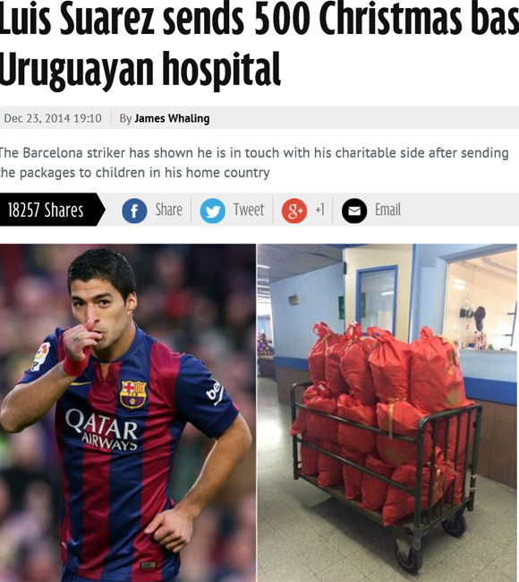 영국 언론 미러가 24일 루이스 수아레스의 선행을 보도했다. / 미러 홈페이지