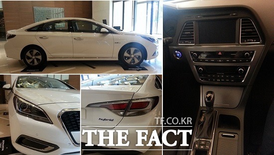 신형 쏘나타 하이브리드의 경우 전면 라디에이터 그릴에 매쉬타입과 가로 수평형 등 두 가지 타입의 대형 헥사고날 그릴을 적용해 날렵한 이미지를 강조했다. / 서재근 기자