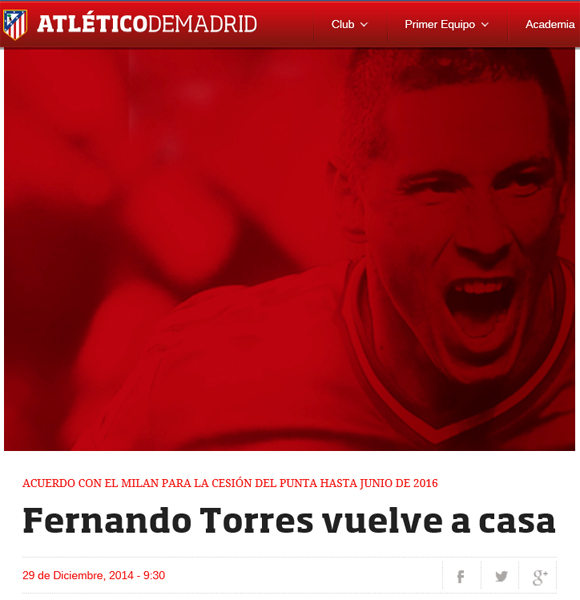 아틀레티코 마드리드가 29일 홈페이지에 페르난도 토레스 복귀를 알렸다. / 아틀레티코 마드리드 홈페이지