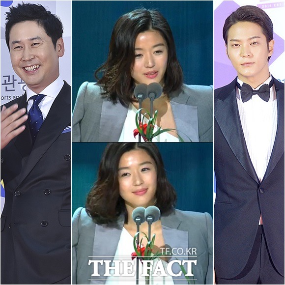 지상파 3사 연기대상 시상식이 스타들의 입담과 애교가 담긴 흥미로운 장면으로 꾸며졌다. (사진은 왼쪽부터 신동엽 전지현 주원) / 최진석 기자 문병희 기자 2014 SBS 연기대상 방송 캡처