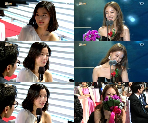 배우 전지현(왼쪽) 한예슬이 2014 SBS 연기대상에서 남편과 연인에게 애정을 표현했다. / 2014 SBS 연기대상 방송 캡처