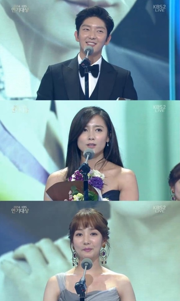 우수 연기상 중편드라마 부문에서 남자는 이준기 홀로 수상한 반면 여자는 남상미와 박민영이 공동수상했다. / KBS 방송 화면 캡처